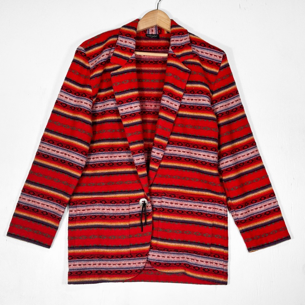 VTG Leger Southwestern Geometric Stripe Blazer Womens S Concho Button Blanket